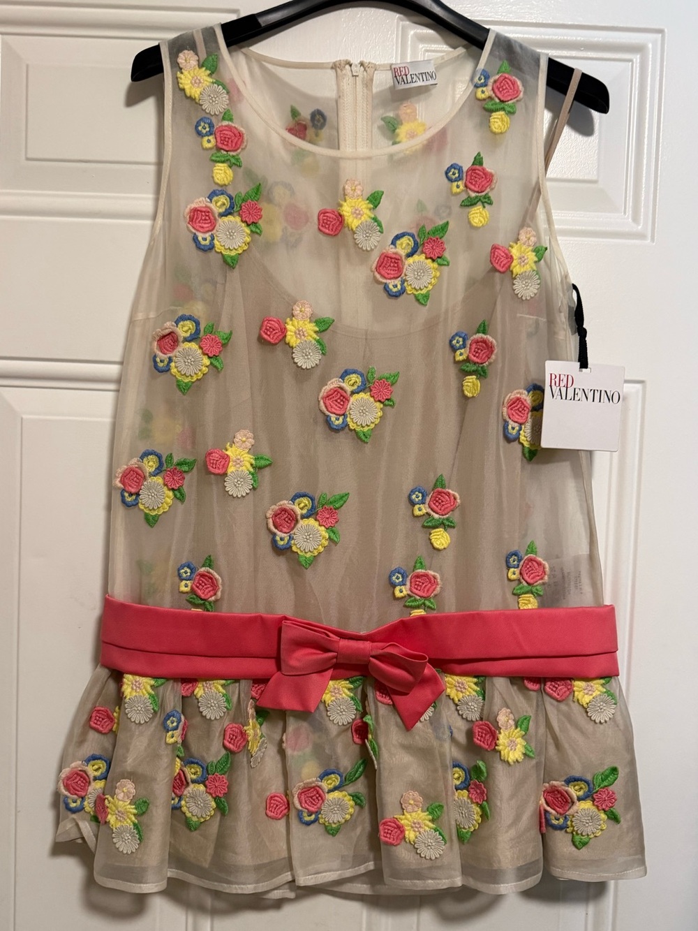 RED Valentino Girls' Embroidered Floral Mesh Dress with Pink Sash